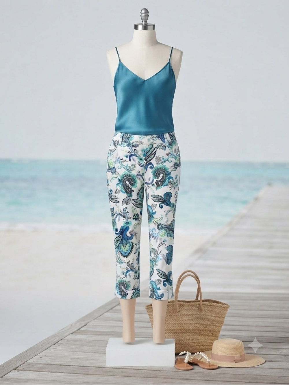 Liz Claiborne SILK/LINEN Wide Leg Pants with Blue Teal Paisley Print